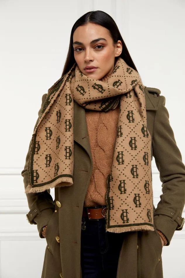 Holland Cooper Scarves Women Lightweight Monogram Scarf Light Camel Forest Green Holland Cooper Scarves Women Lightweight Monogram Scarf Light Camel Forest Green