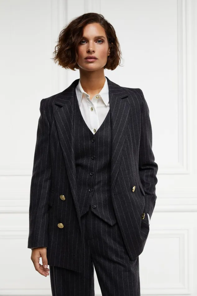 Holland Cooper Tailoring Women Double Breasted Blazer Charcoal Pinstripe