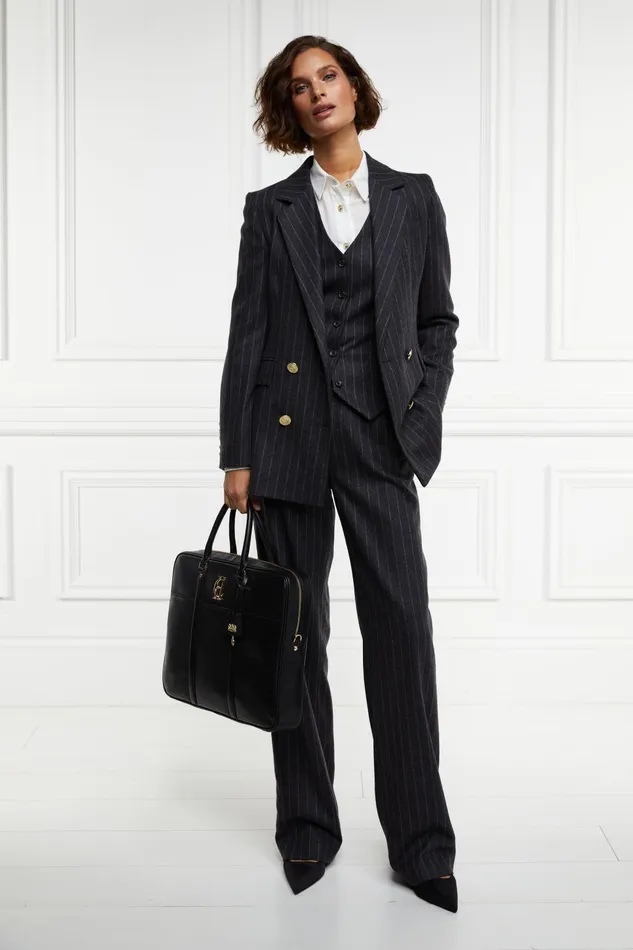 Holland Cooper Tailoring Women Double Breasted Blazer Charcoal Pinstripe