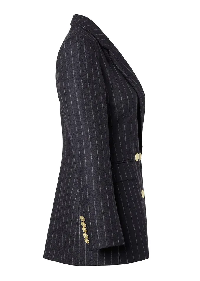 Holland Cooper Tailoring Women Double Breasted Blazer Charcoal Pinstripe