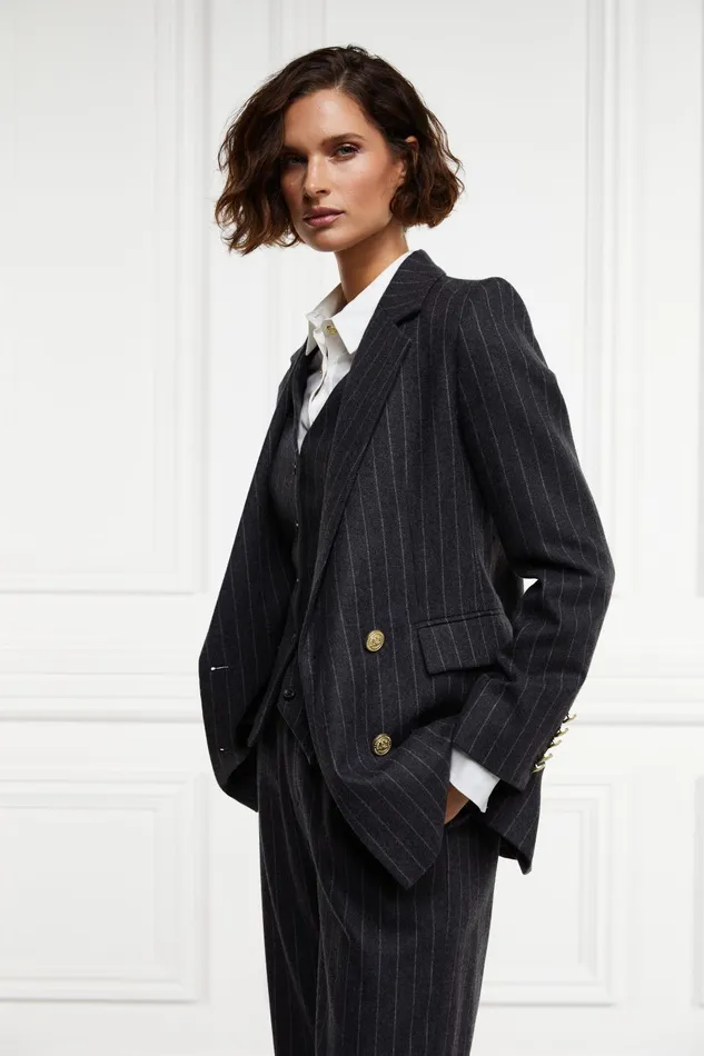 Holland Cooper Tailoring Women Double Breasted Blazer Charcoal Pinstripe