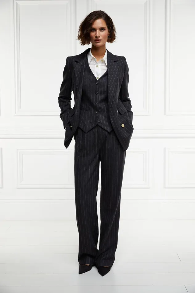 Holland Cooper Tailoring Women Double Breasted Blazer Charcoal Pinstripe