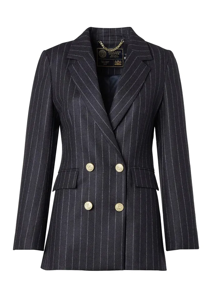 Holland Cooper Tailoring Women Double Breasted Blazer Charcoal Pinstripe
