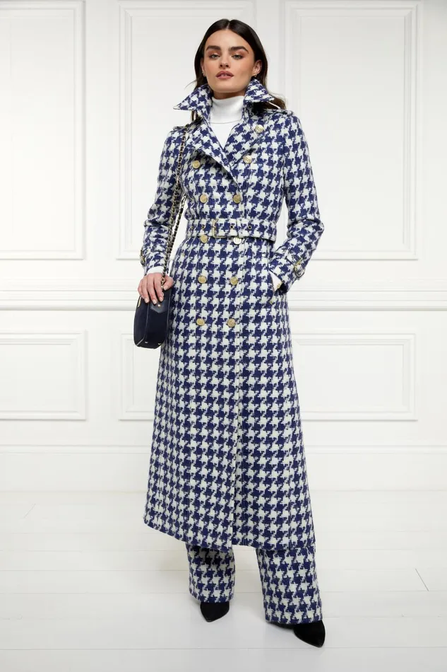Holland Cooper Tailoring Women Full Length Marlborough Trench Coat Large Scale Navy Houndstooth Holland Cooper Tailoring Women Full Length Marlborough Trench Coat Large Scale Navy Houndstooth