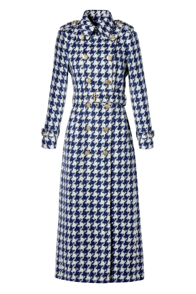 Holland Cooper Tailoring Women Full Length Marlborough Trench Coat Large Scale Navy Houndstooth