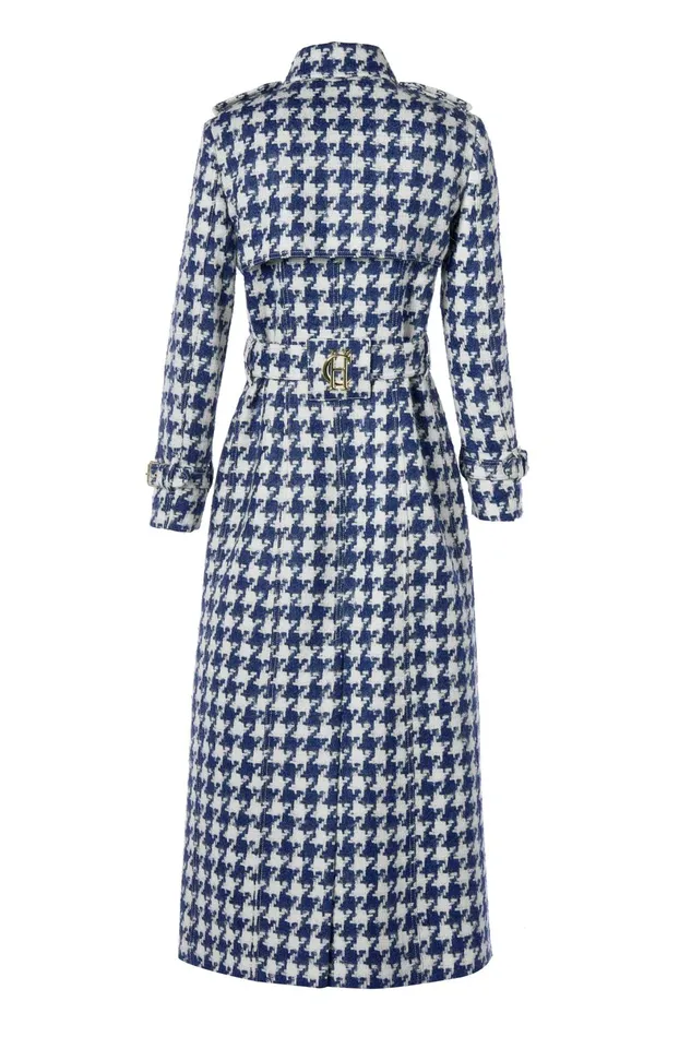 Holland Cooper Tailoring Women Full Length Marlborough Trench Coat Large Scale Navy Houndstooth