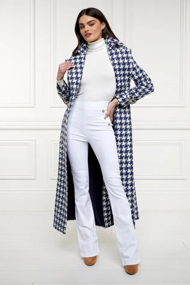 Holland Cooper Tailoring Women Full Length Marlborough Trench Coat Large Scale Navy Houndstooth