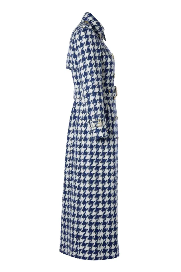 Holland Cooper Tailoring Women Full Length Marlborough Trench Coat Large Scale Navy Houndstooth