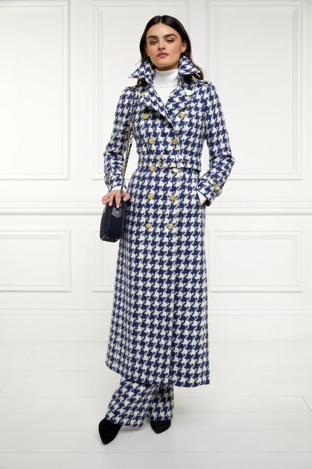Holland Cooper Tailoring Women Full Length Marlborough Trench Coat Large Scale Navy Houndstooth