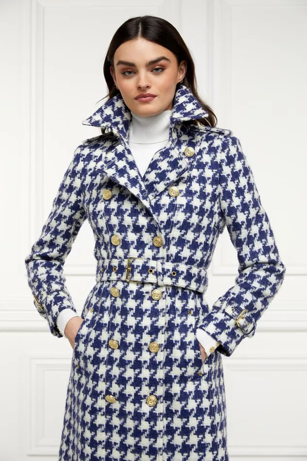 Holland Cooper Tailoring Women Full Length Marlborough Trench Coat Large Scale Navy Houndstooth