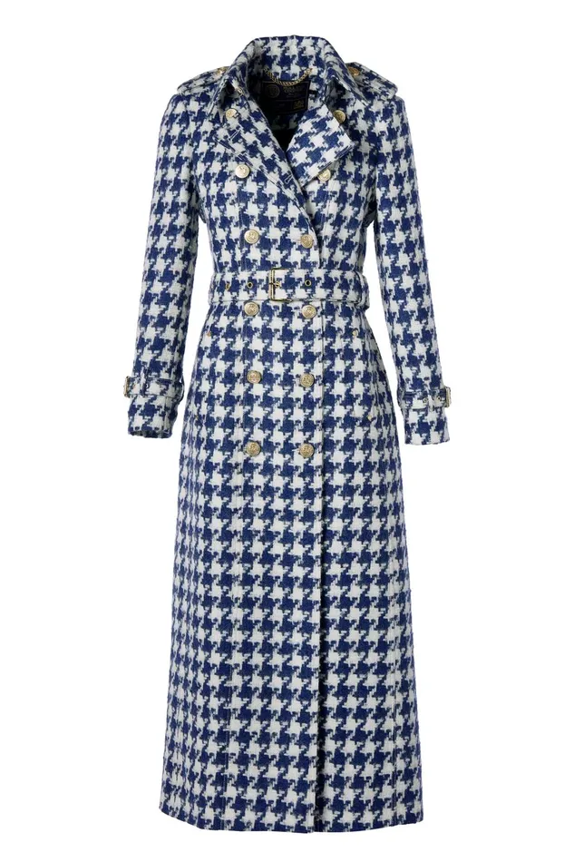 Holland Cooper Tailoring Women Full Length Marlborough Trench Coat Large Scale Navy Houndstooth
