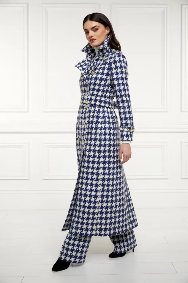 Holland Cooper Tailoring Women Full Length Marlborough Trench Coat Large Scale Navy Houndstooth
