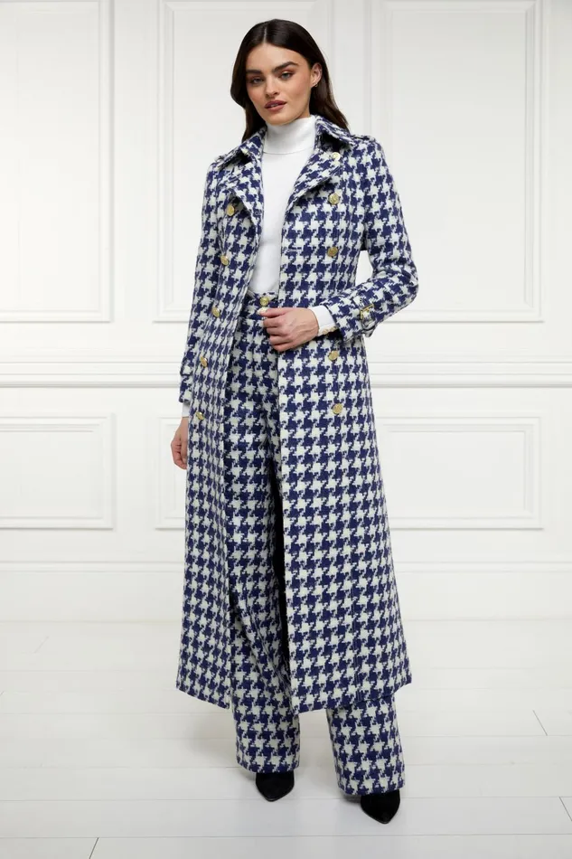 Holland Cooper Tailoring Women Full Length Marlborough Trench Coat Large Scale Navy Houndstooth