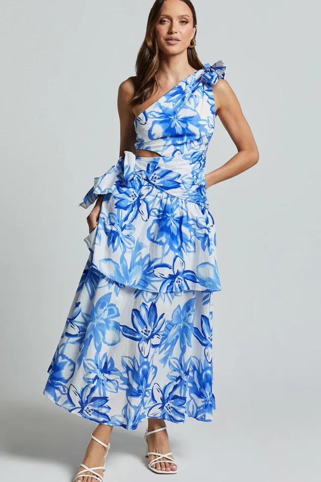 Honolulu Midi Dress 8211 One Shoulder Tiered Dress In Blue And White Print Women Showpo Dresses Honolulu Midi Dress 8211 One Shoulder Tiered Dress In Blue And White Print Women Showpo Dresses
