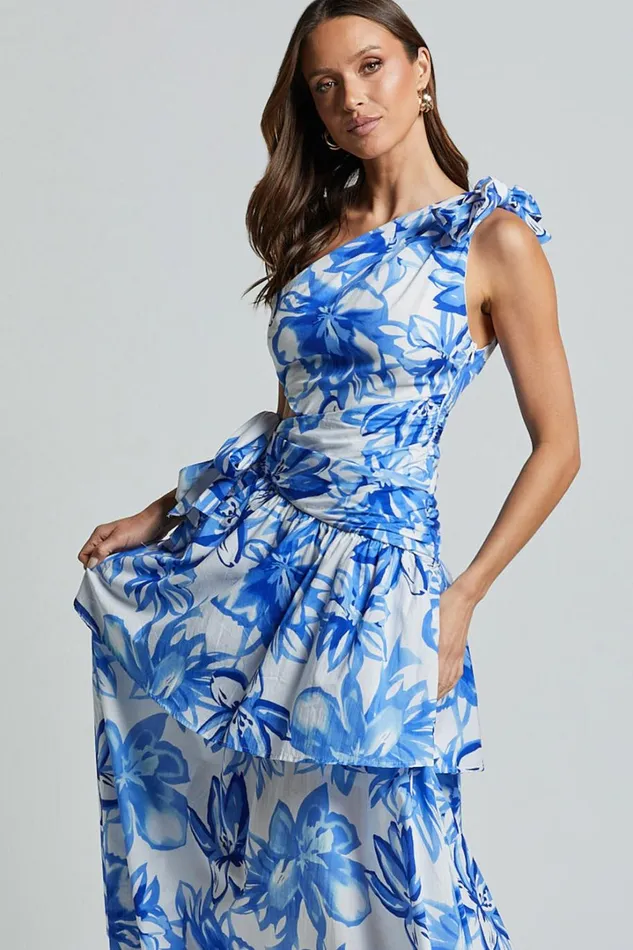 Honolulu Midi Dress 8211 One Shoulder Tiered Dress In Blue And White Print Women Showpo Dresses