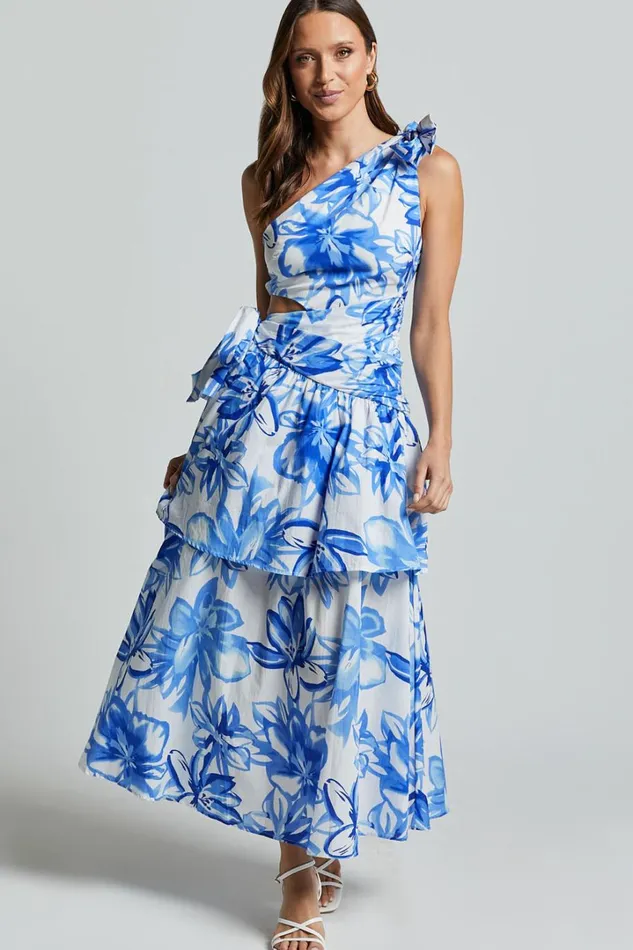 Honolulu Midi Dress 8211 One Shoulder Tiered Dress In Blue And White Print Women Showpo Dresses