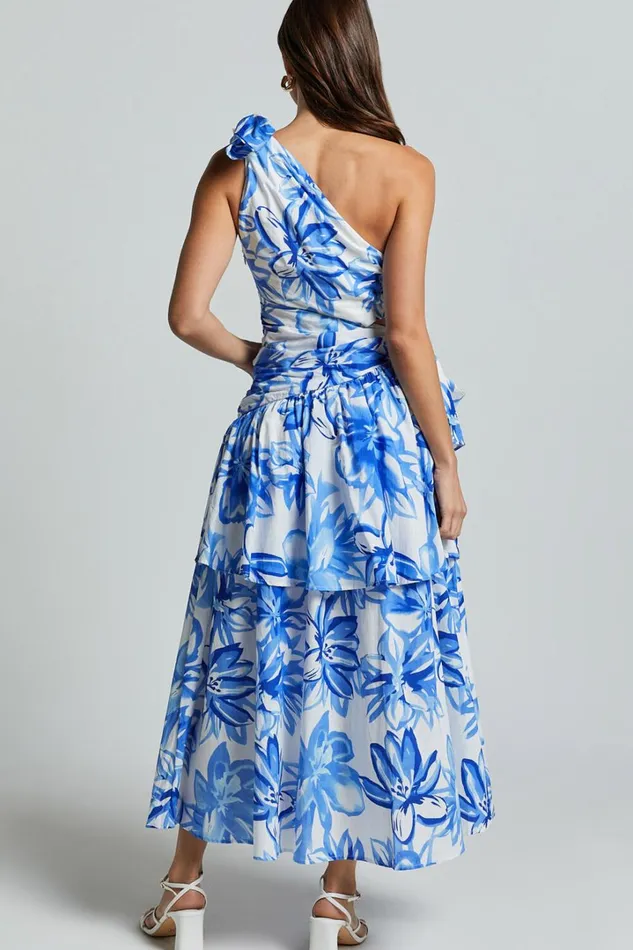 Honolulu Midi Dress 8211 One Shoulder Tiered Dress In Blue And White Print Women Showpo Dresses