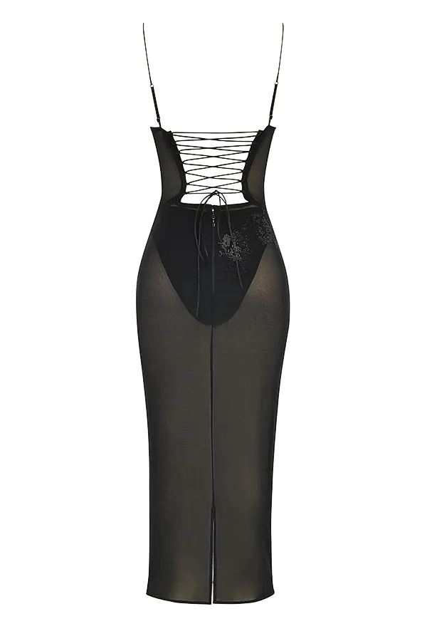House Of CB AmirahBlack Mesh Crystal Embellished Midi Dress 8211 SALE Black Women Floral Dresses