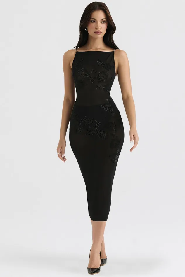 House Of CB AmirahBlack Mesh Crystal Embellished Midi Dress 8211 SALE Black Women Floral Dresses