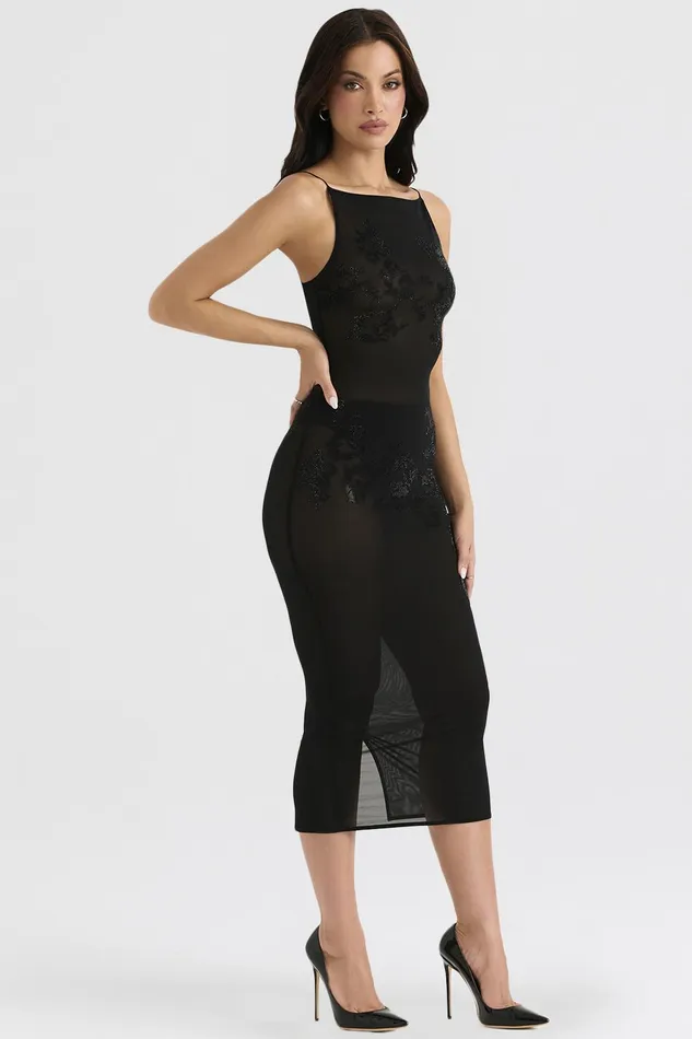 House Of CB AmirahBlack Mesh Crystal Embellished Midi Dress 8211 SALE Black Women Floral Dresses