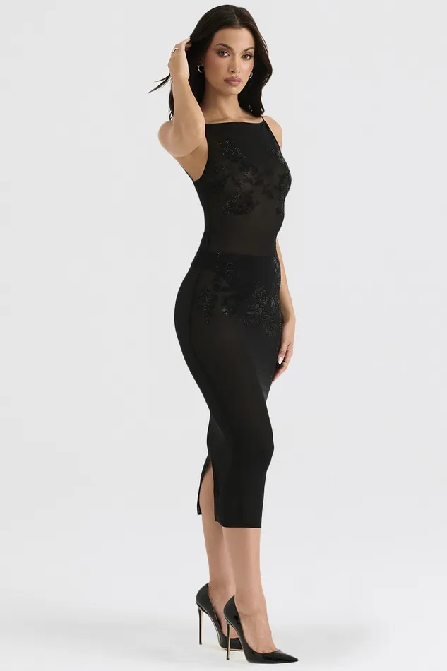 House Of CB AmirahBlack Mesh Crystal Embellished Midi Dress 8211 SALE Black Women Floral Dresses