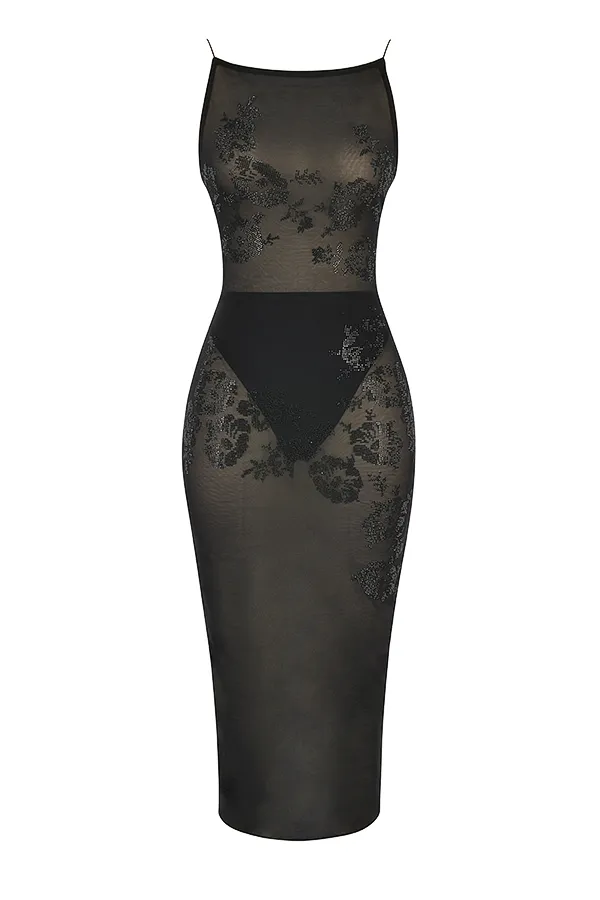 House Of CB AmirahBlack Mesh Crystal Embellished Midi Dress 8211 SALE Black Women Floral Dresses