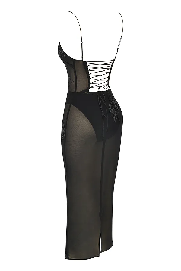 House Of CB AmirahBlack Mesh Crystal Embellished Midi Dress 8211 SALE Black Women Floral Dresses