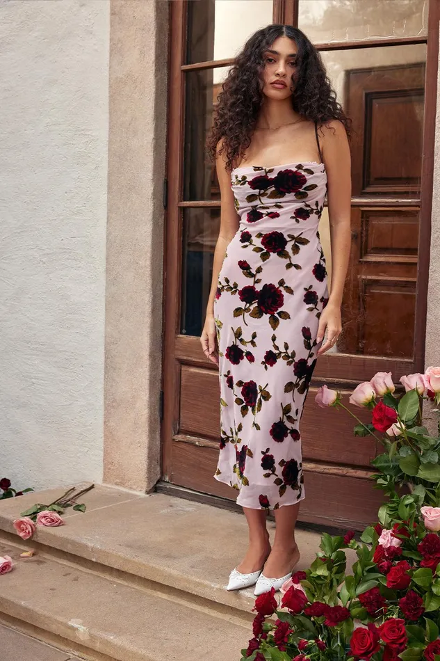 House Of CB AzuraPink Devore Midi Dress Pink Women Bodycon Dresses