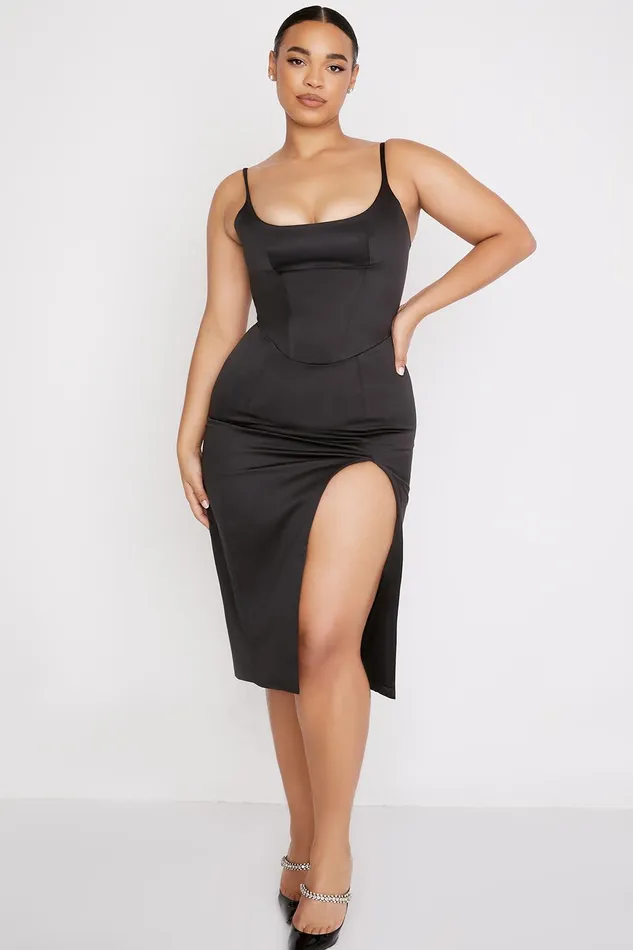 House Of CB CasimiraBlack Satin Corset Midi Dress 8211 SALE Black Women Bodycon Dresses