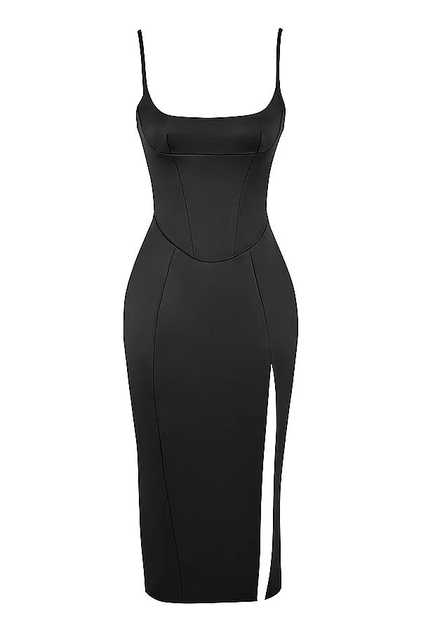 House Of CB CasimiraBlack Satin Corset Midi Dress 8211 SALE Black Women Bodycon Dresses