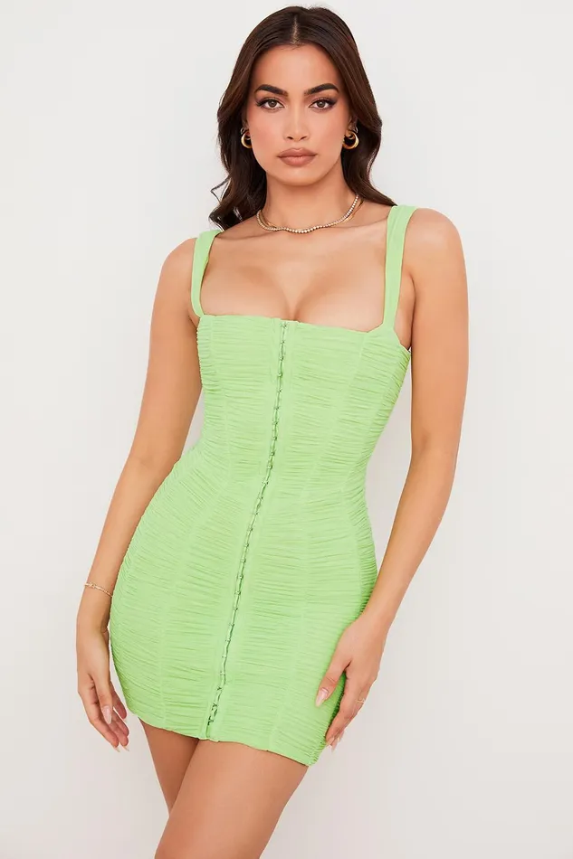 House Of CB CateLime Ruched Mesh Mini Dress 8211 SALE Lime Women Ruched Dresses