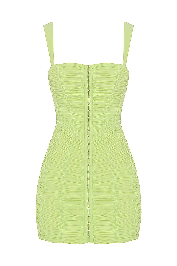 House Of CB CateLime Ruched Mesh Mini Dress 8211 SALE Lime Women Ruched Dresses
