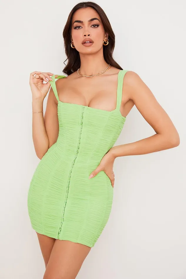 House Of CB CateLime Ruched Mesh Mini Dress 8211 SALE Lime Women Ruched Dresses