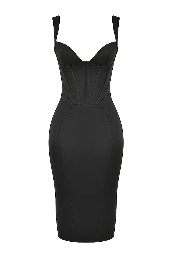 House Of CB FiorellaBlack Satin Corset Midi Dress 8211 SALE Black Women Bodycon Dresses