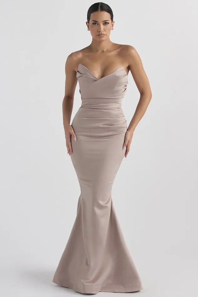 House Of CB FleurMushroom Satin Strapless Gown 8211 SALE Mushroom Women Maxi Dresses