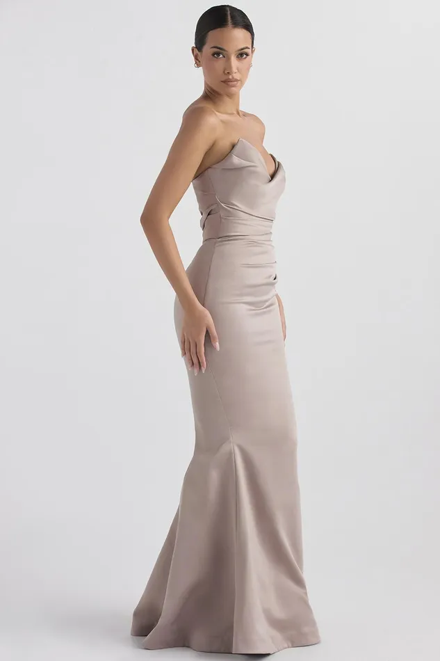 House Of CB FleurMushroom Satin Strapless Gown 8211 SALE Mushroom Women Maxi Dresses