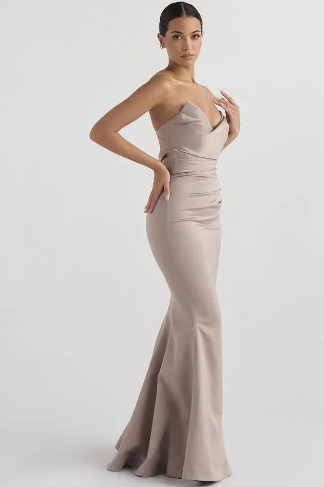 House Of CB FleurMushroom Satin Strapless Gown 8211 SALE Mushroom Women Maxi Dresses