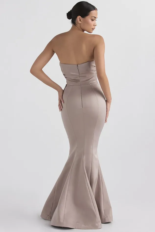 House Of CB FleurMushroom Satin Strapless Gown 8211 SALE Mushroom Women Maxi Dresses