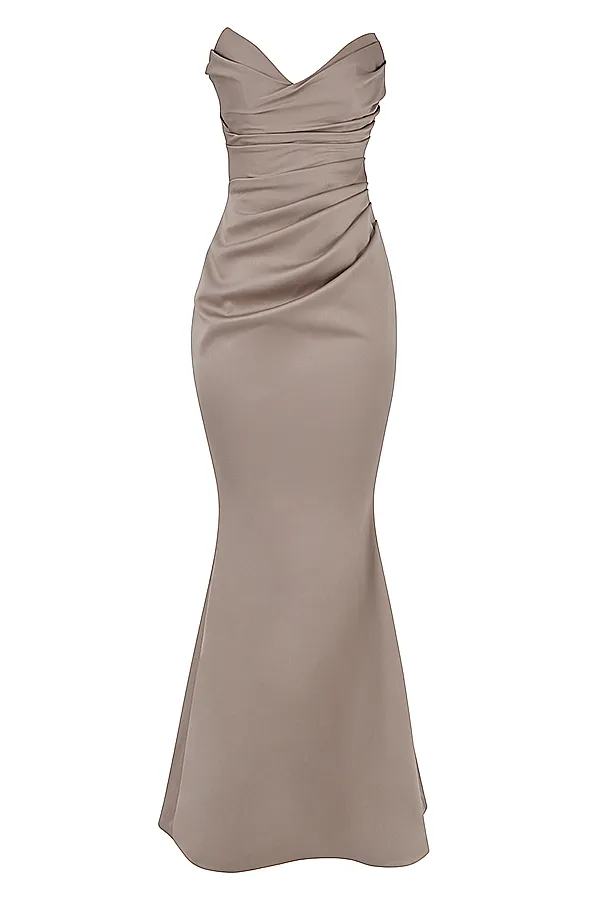House Of CB FleurMushroom Satin Strapless Gown 8211 SALE Mushroom Women Maxi Dresses