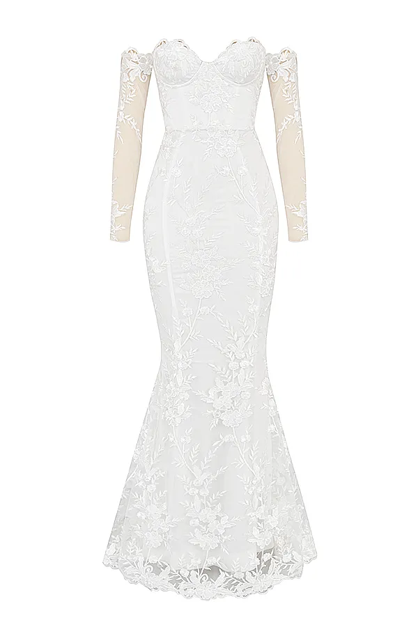 House Of CB IsabelleWhite Lace Long Sleeve Bridal Gown White Women Maxi Dresses
