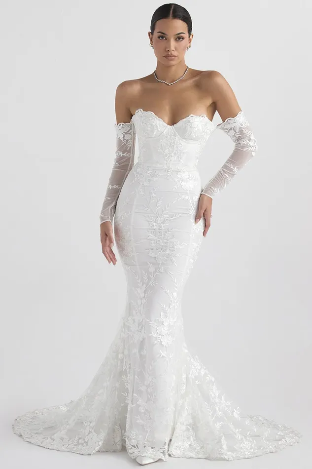 House Of CB IsabelleWhite Lace Long Sleeve Bridal Gown White Women Maxi Dresses