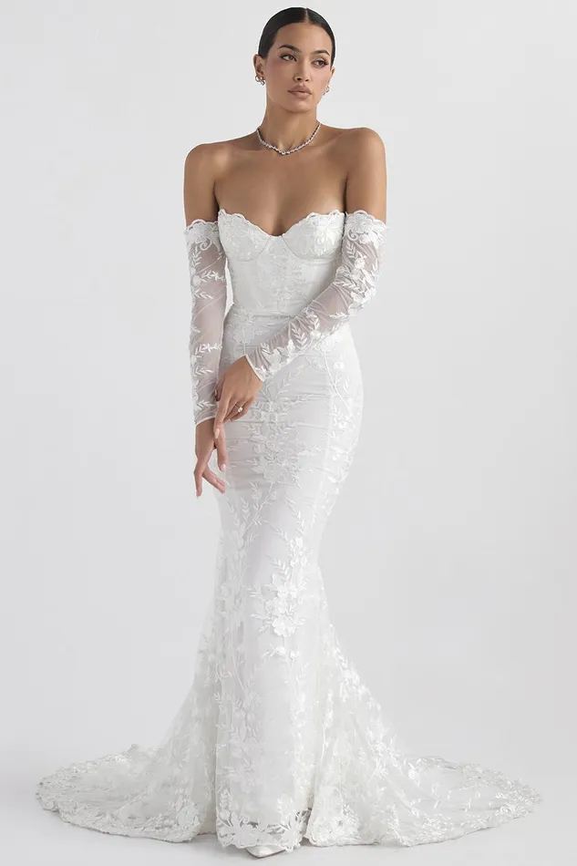 House Of CB IsabelleWhite Lace Long Sleeve Bridal Gown White Women Maxi Dresses