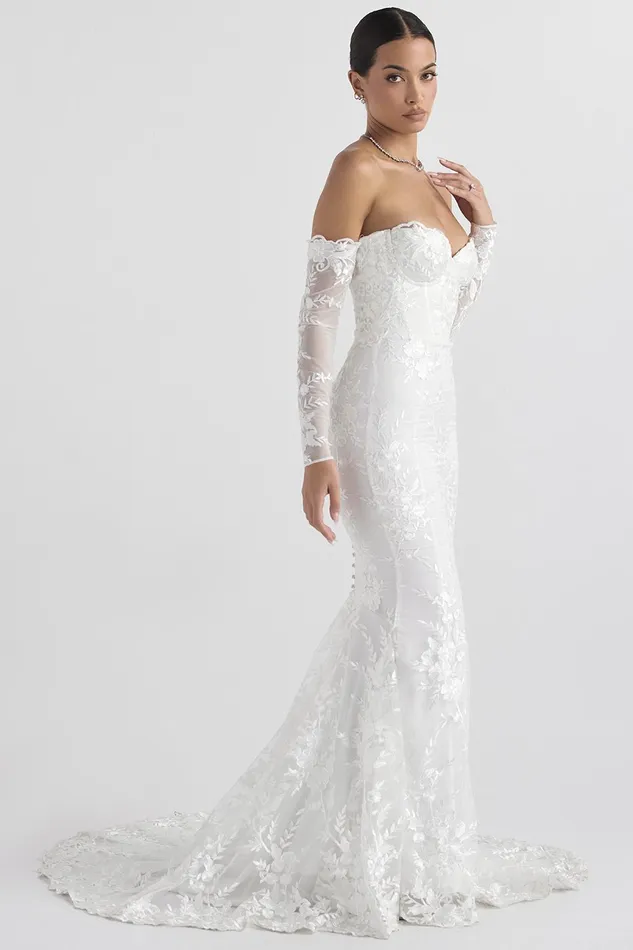 House Of CB IsabelleWhite Lace Long Sleeve Bridal Gown White Women Maxi Dresses