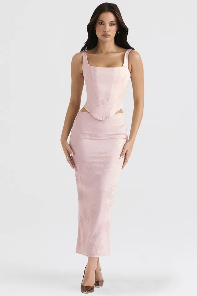 House Of CB LuisettePink Metallic Floral Satin Midi Skirt 8211 SALE Pink Women Skirts