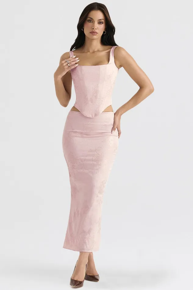 House Of CB LuisettePink Metallic Floral Satin Midi Skirt 8211 SALE Pink Women Skirts