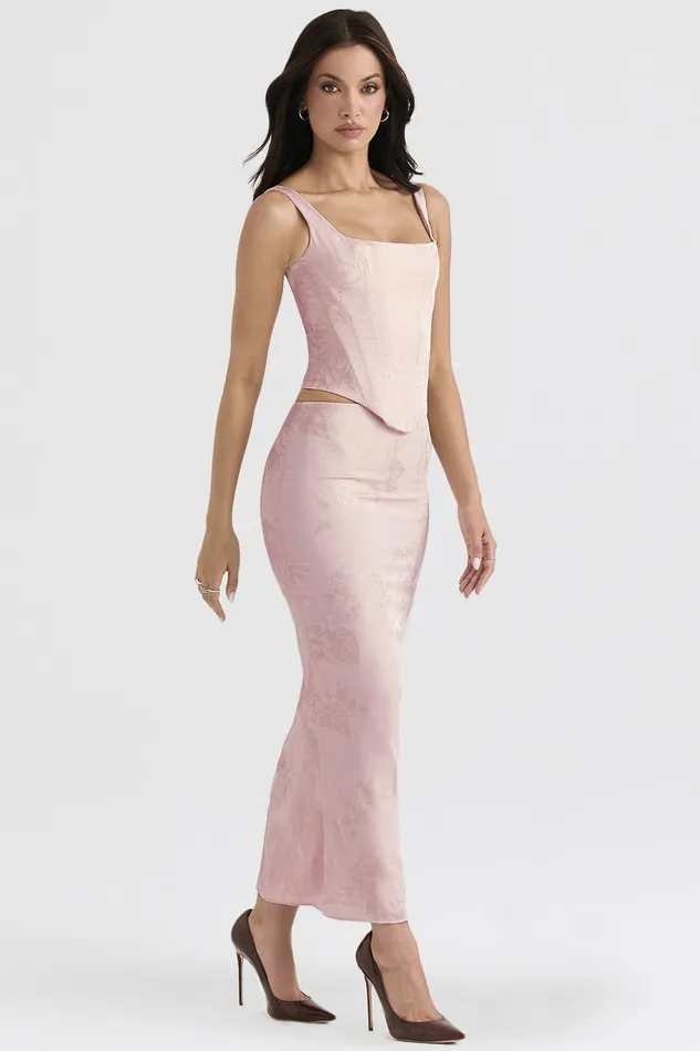 House Of CB LuisettePink Metallic Floral Satin Midi Skirt 8211 SALE Pink Women Skirts