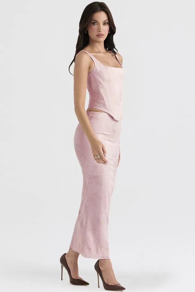 House Of CB LuisettePink Metallic Floral Satin Midi Skirt 8211 SALE Pink Women Skirts
