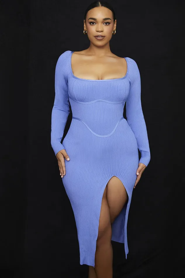 House Of CB MistyCornflower Bandage Thigh Split Midi Dress Cornflower Women Bodycon Dresses