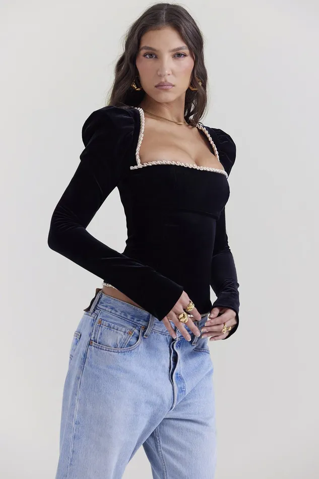 House Of CB NoaBlack Velvet Corset Black Women Tops