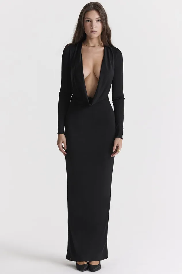 House Of CB SaskiaBlack Draped Maxi Dress 8211 SALE Black Women Bodycon Dresses